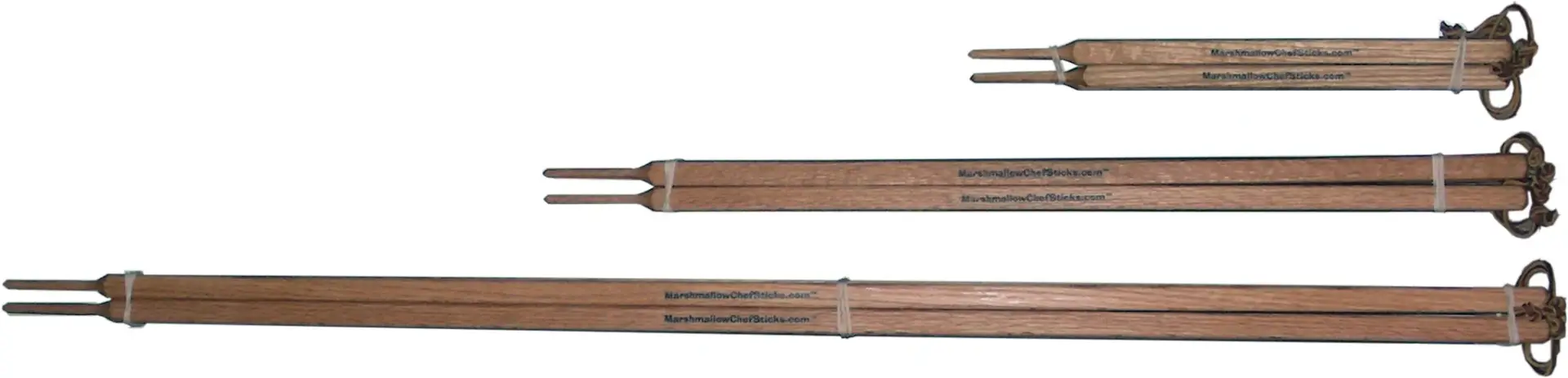 three groups of marshmallow chef sticks positioned above each other representing 16", 30" and 46" lengths